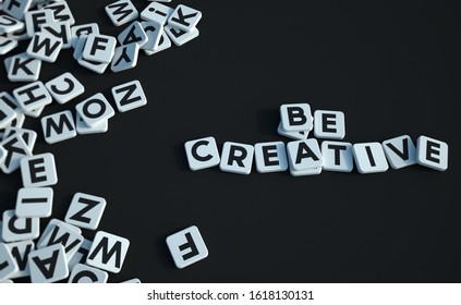 3D rendering  of a background with scattered letter tiles with a small group forming the words Be creative