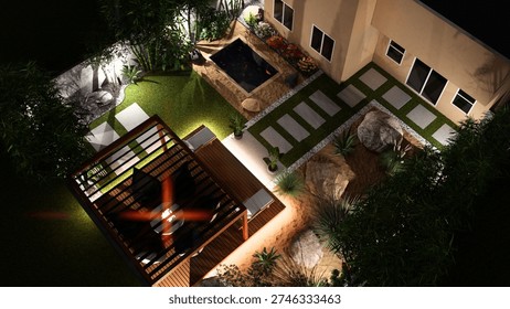 3d rendering of backyard design with a pool, dining area, outdoor kitchen and other feature 