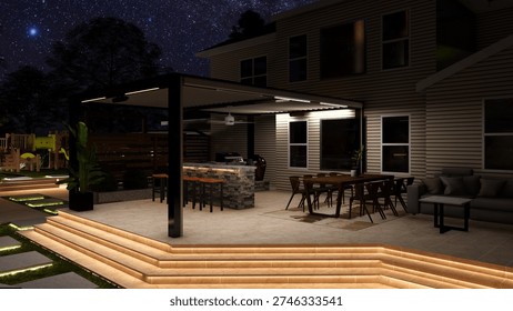 3d rendering of backyard design with a pool, dining area, outdoor kitchen and other feature 