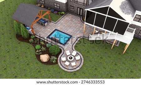 3d rendering of backyard design with a pool, dining area, outdoor kitchen and other feature 