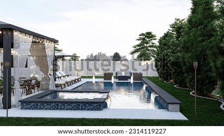 3d rendering of a backyard with pool-gazebo and fire pit