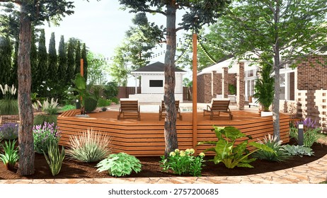3d rendering of backyard-frontyard garden design