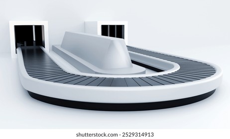 3d rendering of  baggage carousel in white background. it is a device, generally at an airport, delivers checked luggage to the passengers at the baggage reclaim area at their final destination.
