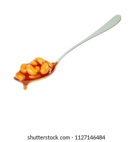3D Rendering Of Baked Beans On Spoon With Dripping Tomato Sauce