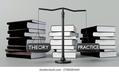 A 3D rendering of a balance scale. The left pan is labeled "THEORY" and the right is "PRACTICE", symbolizing the importance of balancing theoretical knowledge with practical application.