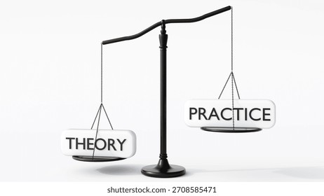 A 3D rendering of a balance scale. The left pan is labeled "THEORY" and the right is "PRACTICE", symbolizing the importance of balancing theoretical knowledge with practical application.