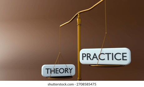 A 3D rendering of a balance scale. The left pan is labeled "THEORY" and the right is "PRACTICE", symbolizing the importance of balancing theoretical knowledge with practical application.