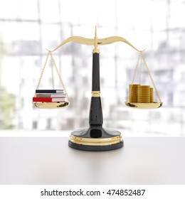 3D rendering of a balanced scale of education and money, knowledge is power