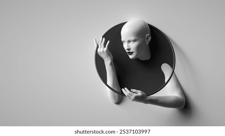 3d rendering of bald head of white female mannequin inside the black round frame, isolated on white background. Hands gesture. Modern minimalist fashion portrait. Jewelry shop showcase