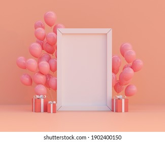 3d Rendering. Balloon And Gift Box On Pastel Pink Background With White Frame Copy Space. Valentine's Day, Brithday, Scene Mock Up, Presentation