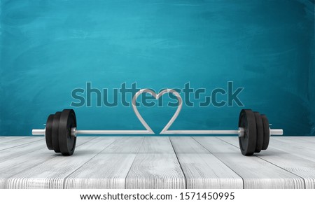 3d rendering of barbell with its bar bent in shape of heart in the middle, on wooden surface near blue wall. Love sport. Love your body. Keep fit.