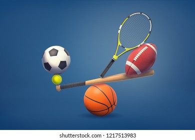 3d rendering of a baseball bat balances on a basketball ball and holds tennis ball, racquet, American football and soccer balls. Sport equipment. Choosing best training. Balancing athletic life. - Powered by Shutterstock