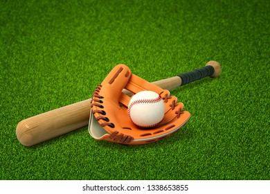 3d rendering of baseball bat, glove and ball on green grass. Recreation and leisure. Keep fit. Stay strong and healthy.