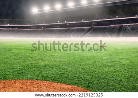3D rendering of baseball diamond on field at brightly lit fictitious outdoor stadium and copy space. Focus on foreground and shallow depth of field on background.