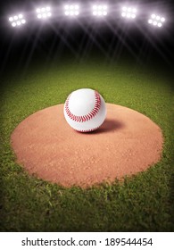 3d Rendering Of A Baseball On A Pitchers Mound Of Lighted Baseball Field. Room For Text Or Copy Space. More Sports Backgrounds Available In My Profile.