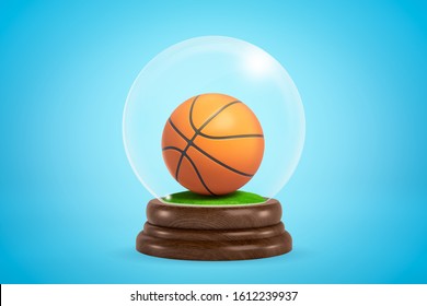 3d Rendering Of A Basketball Inside Snow Globe On Light Blue Gradient Background. Sports And Games. Sports Souvenirs. Sports Equipment.