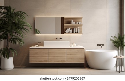 A 3d rendering of Bathroom interior with simple, warm and clean atmosphere