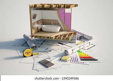 3D rendering of a bathroom under construction on top of blueprints, mortgage forms and a energy efficiency chart