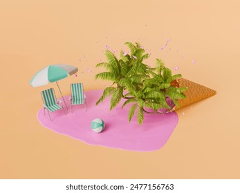 3D rendering of beach chairs and umbrella next to a palm tree growing out of an ice cream cone with melted pink ice cream on a peach background. Summer vacation concept. - Powered by Shutterstock