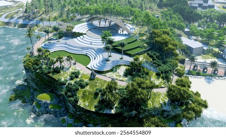 3D rendering of a beachfront promenade lined with gazebos and bustling food stalls. The pathway running parallel to golden sand and gentle waves, with palm trees adding to the tropical charm