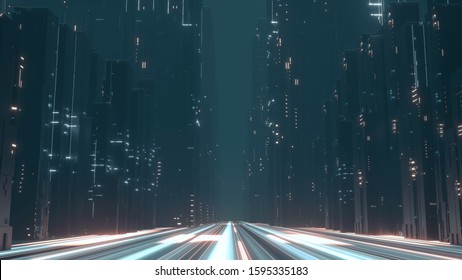 3D Rendering Of Beam Lights In Hyper Loop Pathway Running Through Center Of Buildings' In Mega City At Night. Concept Of Next Generation Technology, Fin Tech, Big Data,  Network, Machine Learning