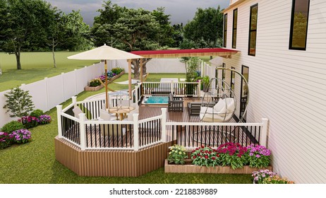 3D Rendering Of A Beautiful Backyard. There Have Two Level Deck, Spa, Patio 