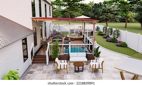 3D Rendering Of A Beautiful Backyard. There Have Two Level Deck, Spa, Patio 