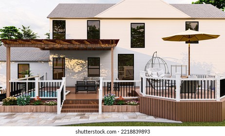 3D Rendering Of A Beautiful Backyard. There Have Two Level Deck, Spa, Patio 