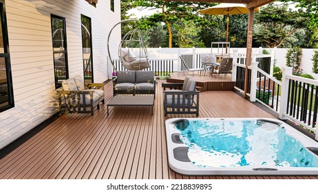 3D Rendering Of A Beautiful Backyard. There Have Two Level Deck, Spa, Patio 