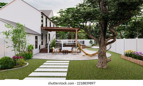 3D Rendering Of A Beautiful Backyard. There Have Two Level Deck, Spa, Patio 