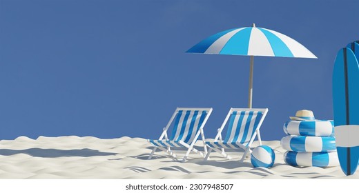 3d rendering. Beautiful beach. Chairs on the sandy beach near the sea. Summer holiday and vacation concept for tourism. Inspirational tropical landscape. Tranquil scenery, relaxing beach - Powered by Shutterstock