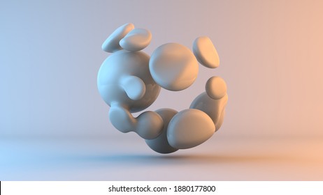 3D rendering of beautiful drops collected in the form of a sphere on a beautiful white background with a gradient. Abstract 3D illustration, 3D background art. Drops in zero gravity.