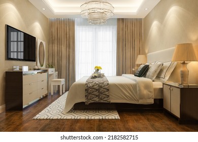 3d Rendering Beautiful Luxury Bedroom Suite In Hotel With Tv And Chandelier