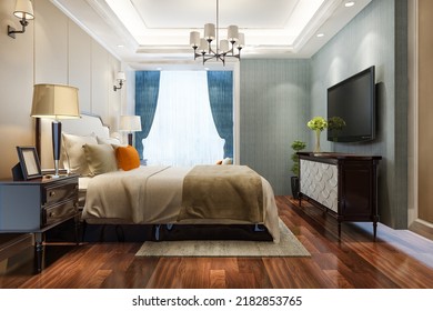 3d Rendering Beautiful Luxury Bedroom Suite In Hotel With Tv And Chandelier