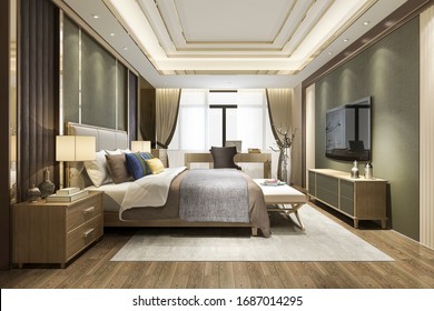 3d Rendering Beautiful Minimal Luxury Asian Bedroom Suite In Hotel With Tv