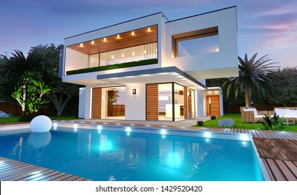 3D Rendering Of A Beautiful Modern House With Swimming Pool And Night Light