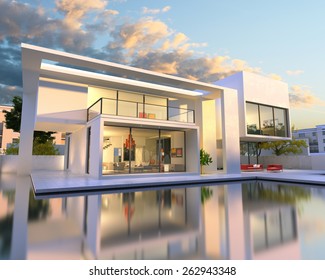 3D-Darstellung der schönen modernen Villa mit Pool, späten Nachmittag