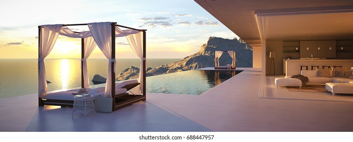 3d rendering. beautiful sunset at the infinity pool with a nice view.