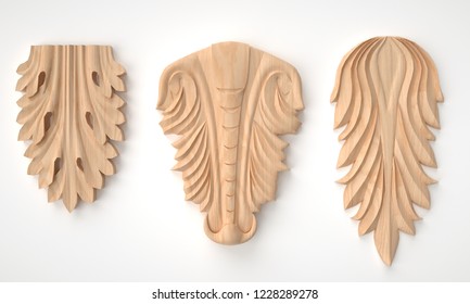 3d rendering beautiful wooden relief isolated on white. carving decoration of architecture. classic interior detail made of wood. - Shutterstock ID 1228289278