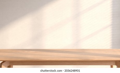 3D rendering of a beautiful wooden table for products display in front of an empty wall with beautiful sunlight and window frame shadow. Background, Mock up, Backdrop, Home, Natural, Organic, Overlay. - Shutterstock ID 2036248901