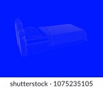 3d rendering of a bed blueprint as lines on a blue background