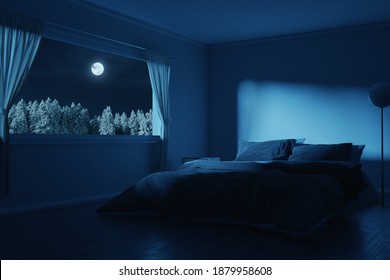 3d Rendering Of Bedroom With Cozy Low Bed In The Full Moon Night