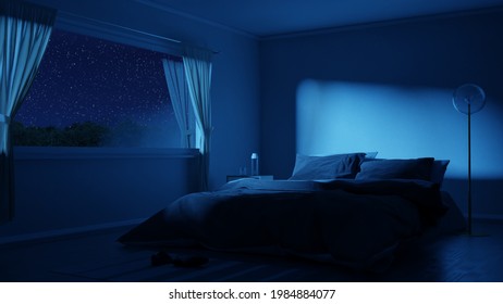 3d Rendering Of Bedroom With Cozy Low Bed At Night