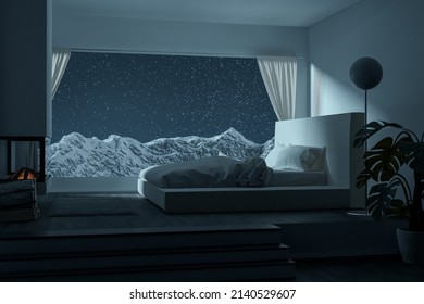 3d Rendering Of Bedroom With Cozy Low Bed At A Winter Night