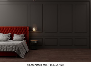 3D Rendering Of Bedroom Interior, Black Wall Red Bed Sconce, Visualization