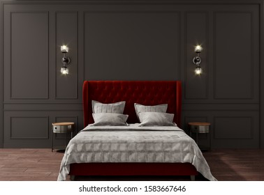 3D Rendering Of Bedroom Interior, Black Wall Red Bed Sconce, Visualization