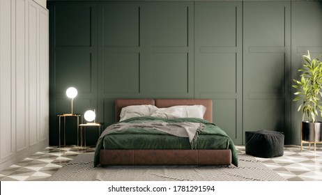 3d Rendering Bedroom Interior And Decoration With Brown Bed Green Bedding Sheet Green Classic Wall Plant In Pot And Night Table With Lamps.