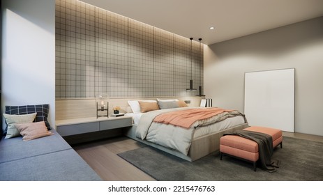 3d Rendering Bedroom Interior Design And Decoration With Red Pastel Side Sofa, Grey Carpet Grey Color Concrete Wall Empty Photo Frame On Floor.