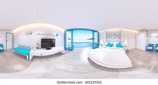 3d rendering bedroom interior with sea view background,minimal bedroom interior with seascape view,Spherical Panorama interior