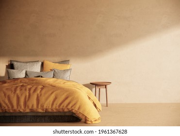 3d Rendering Bedroom Interior Yellow Bedsheet Beige Concrete Wall Sunlight From Window.